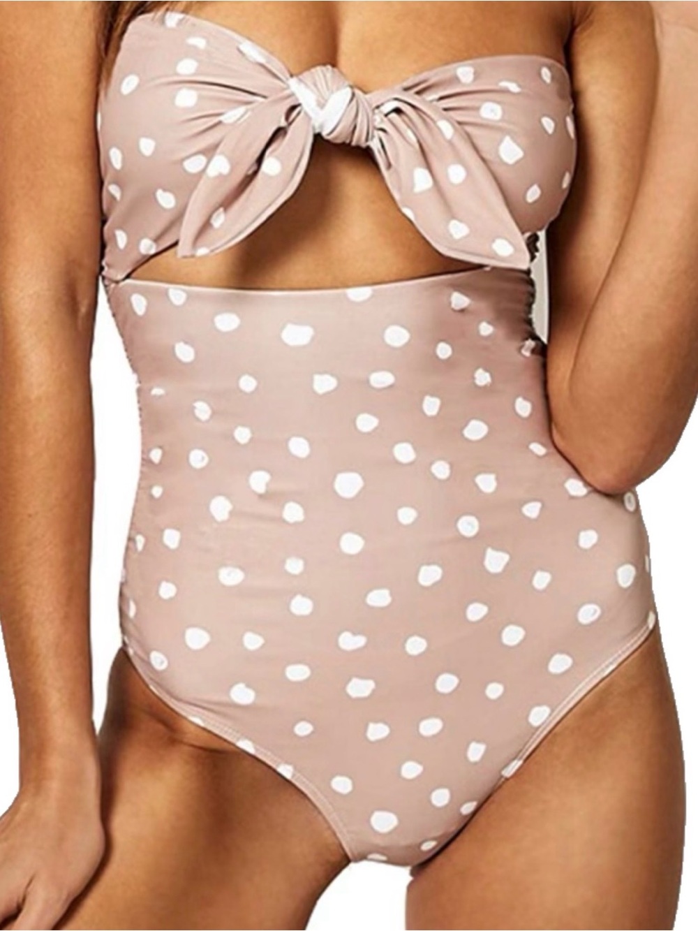 Tie-Front Polka Dot One-Piece Swimsuit - light pinkish beige/White